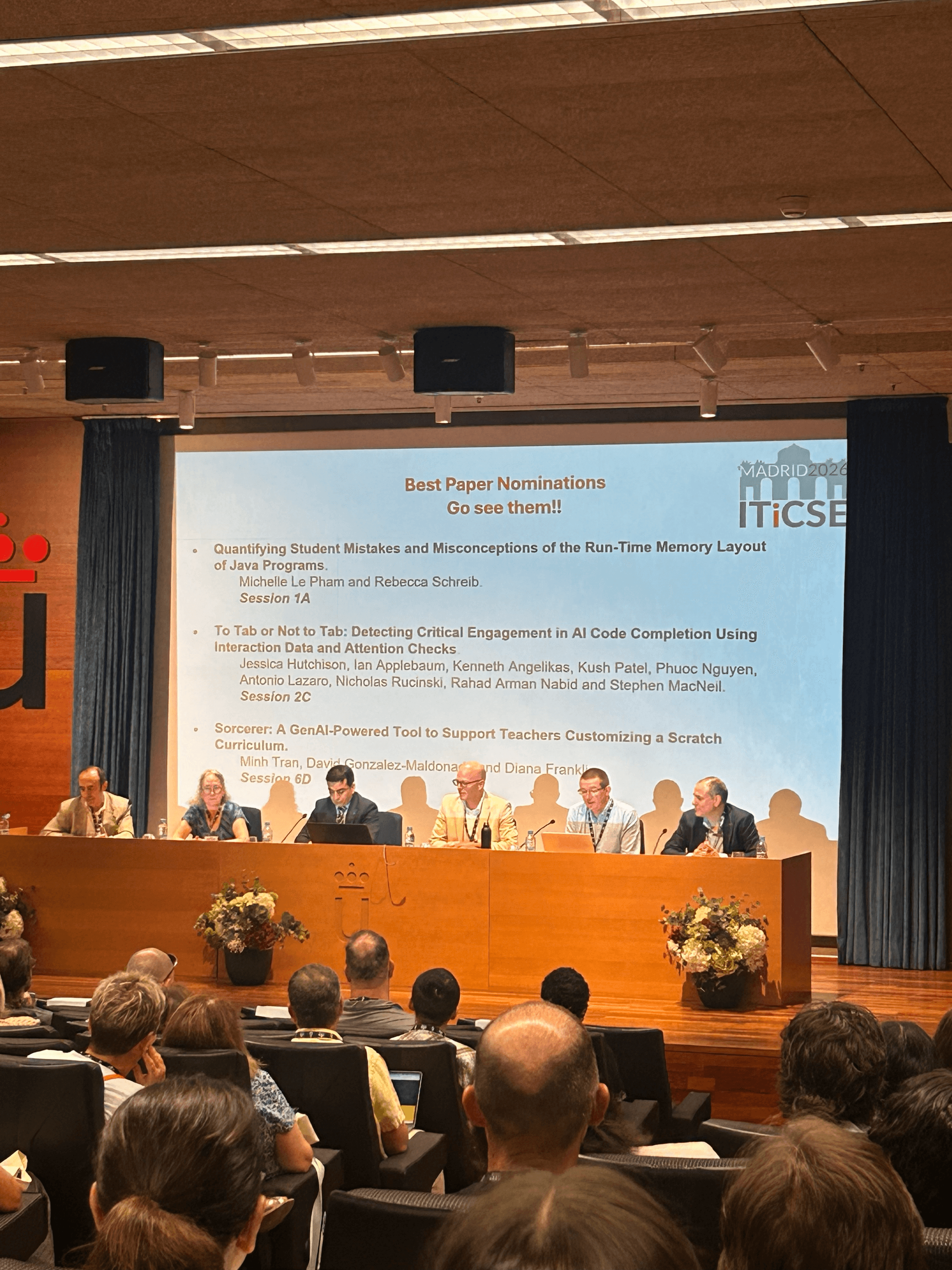 Audience attending the ITiCSE 2026 Best Paper Nominations session, where our paper, "To Tab or Not to Tab: Detecting Critical Engagement in AI Code Completion Using Interaction Data and Attention Checks," is presented among the conference's Best Paper nominees.